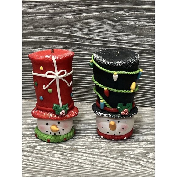 Whimsical Snowman Head Tall Top Hat Clay Christmas Ornaments 3.25” Set Of 2 - Picture 1 of 10